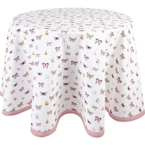 Clayre & Eef Tafelkleed Ø 170 cm Beige Roze Katoen Rond Vlinders Tafellaken