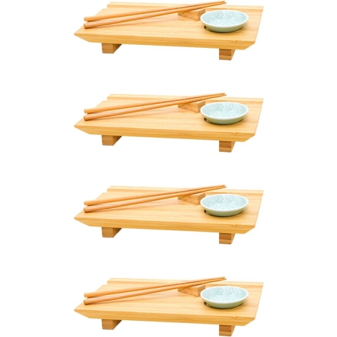 4x Japanse Sushi Serveerbladen - 27x16x4 Bamboe Borden - Houten Planken met Schaaltjes