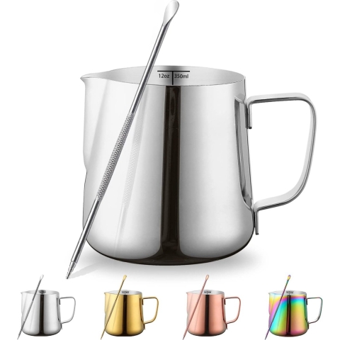 Melkopschuimer 350 ml, Kyraton espresso-stoompan van roestvrij staal met decoratiestift, melk-koffieschuimer kopjes cappuccino latte art barista stoomkannen melkkannetje (zilver)