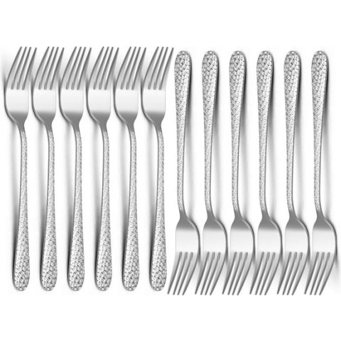 Vorken 12 stuks, roestvrij staal, tafelvorken, dinervorken, set met gehamerde handgreep, elegante grote eetvorken voor thuis, feest, restaurant, hoogglans gepolijst en gladde randen, vaatwasmachinebestendig, 20 cm