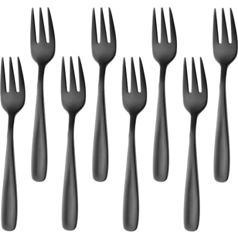 Roestvrij stalen taartvork, 3 tanden, fruitvork, 8-delig, Zwart, vorken, set, spiegelglans, ideaal voor bruiloftsfeest, dessert