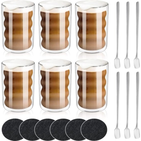 Latte macchiato-glazen, set van 6, dubbelwandig, 350 ml, thermoglas van borosilicaatglas, spiraalvormige espressokopjes, koffiemok, drinkglazen, cappuccinokopjes, ijsbeker, 6 lepels + 6 onderzetters