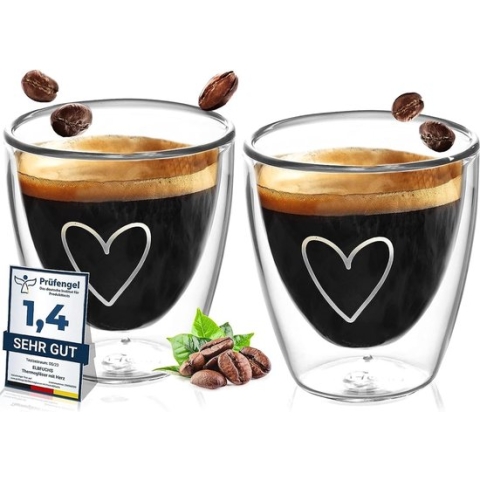 Espresso Kopjes Set Hart [2 x 80 ml] Dubbelwandige Espresso Glazen Set | Dubbelwandige Thermoglazen | Mokka Kopjes | Vaatwasmachinebestendige Espresso Koffiekopjes voor Alle Standaard Volautomatische Machines.