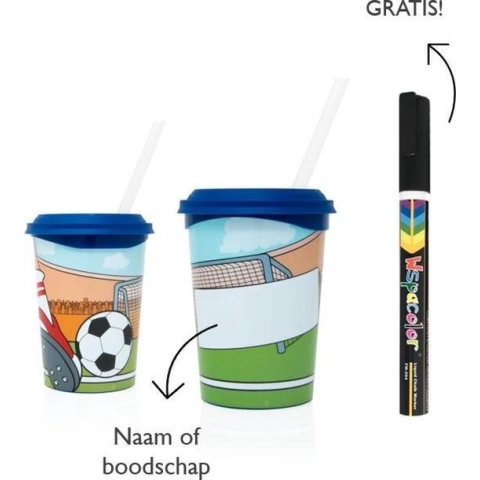 50 x Beschrijfbare party beker Voetbal (350 ml), incl. deksel en uitwisbare stift - leuk voor kinderfeestjes en traktaties
