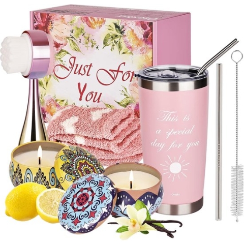Cadeauset voor vrouwen, verjaardagscadeaus voor vrouwen, cadeau voor vriendin en moeder, koffiemok voor onderweg, wellnessset, geurkaarsen, cadeau-idee voor Moederdag, Kerstmis, Valentijnsdag, roze.