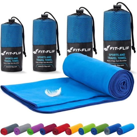 Microvezel handdoekenset, in alle maten, 18 kleuren, ultralicht en compact, de perfecte sporthanddoek, strandhanddoek en reishanddoek (80 x 180 cm, blauw met donkerblauwe rand)