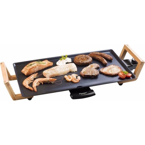 Bestron elektrische Grillplaat voor 4 Personen, Teppanyaki Bakplaat met antiaanbaklaag & bamboe handgrepen, in aziatisch design, 2000W, kleur: zwart