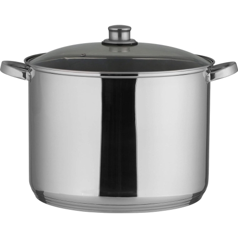 Universele pan in zilver, pot met glazen deksel en draadgrepen, kookpan van roestvrij en onderhoudsvriendelijk roestvrij staal, ingekapselde aluminium bodem 20 liter volume