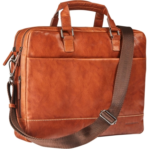 Maverick Rough Gear Cognac Lederen Business Tas Met Laptopvak 15,6