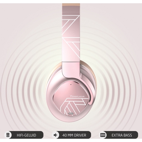 PowerLocus MoonFly Koptelefoon Over-Ear met Active Noise Cancelling, Draadloze Hoofdtelefoon, Voice Assistant Activation - Rose Gold