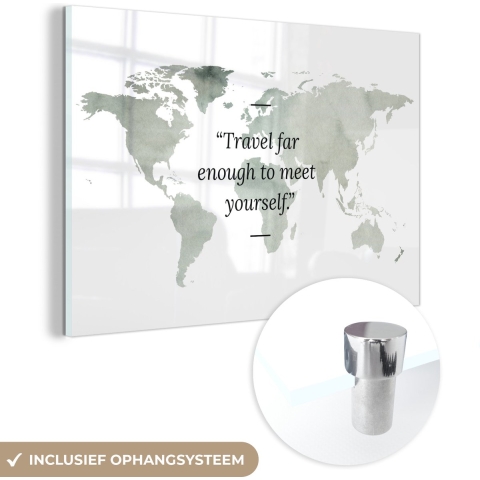 MuchoWow® Glasschilderij - Wereldkaart - Waterverf - Quotes - 180x120 cm - Acrylglas Schilderijen - Foto op Glas