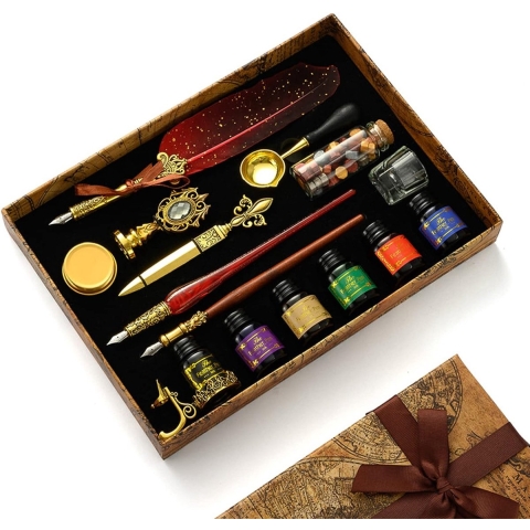 Quill Pen en inkt set, kalligrafie veer pen set met dip pen, 18 vervangbare penpunten, 6 inkt, wax zegel stempel, wax zegel, thee was, envelop openingsgereedschap, beker, kunstcadeau voor