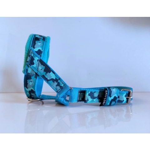 Gentle leader camouflage turquoise gevoerd antitrek hoofdhalster hond