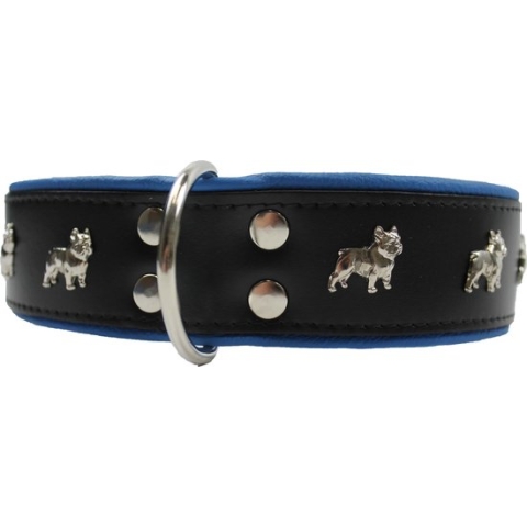 Dog's Companion Leren Halsband - Franse Bulldog - Lengte: 65cm Verstelbaar van: 51-60 cm x 40 mm - Zwart/Blauw