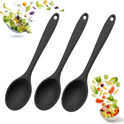 3 Serveerlepels Siliconen Kooklepels Siliconen Serveerlepel Grote Kooklepel Siliconen Kooklepel Niet-klevend Bestand tot 480°F Kooklepel Spatel voor Koken, Bakken, Roeren (Zwart)