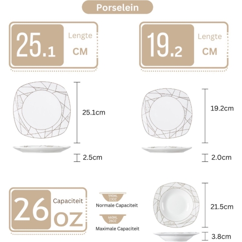 Happyment Luxe Serviesset - 6 Persoons - Porselein - 18 Delig - Bordenset 6 persoons - Bordenset 18 delig - Wit