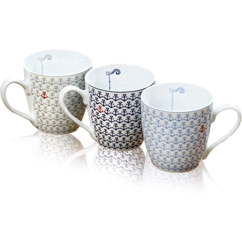 3 koffiemokken 'Ebbe & Flood' Anker Blauw, Grijs, Rood & Wit 400 ml