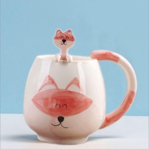 Mok vossenmotief beker vos mok met lepel ontbijt, geschikt voor ontbijt, koffie, melk, havervlokken, keramiek, 400 ml