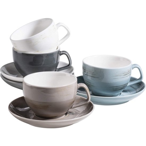 Serie Derby Premium koffiekopjesset voor 4 personen in gastronomiekwaliteit, kopjes met schoteltjes in modern design en kleurrijke pastelkleuren, duurzaam porselein