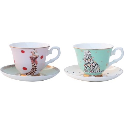 Yvonne Ellen London kerst - set/2 kop & schotel kerst - Giraffe & Cheetah - porselein - cadeauset - kerstservies
