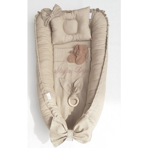 Comfykids© - Babynest Mirissa - Donkerbeige - 100% LINNEN - Comfortabel - Oeko-tex