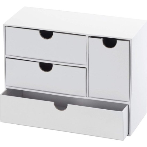 Papieren doos ladekast, breed, wit, ongeveer 21 x 9,5 x 16 cm, met 4 laden.
