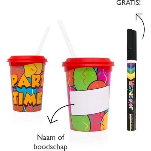50 x Beschrijfbare party beker Party Time (350ml), incl. deksel en uitwisbare stift - leuk voor kinderfeestjes en traktaties