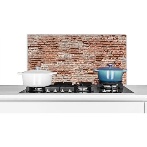 Spatscherm Keuken - Kookplaat Achterwand - Spatwand Fornuis - 90x45 cm - Baksteen - Steen - Muur - Aluminium - Wanddecoratie - Muurbeschermer - Hittebestendig