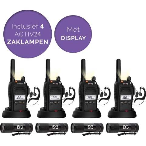 Activ24™ - Display Walkietalkie - Set van 4x Baofeng E88 PMR portofoons - Met display, headsets en 4x Activ24™ zaklampen - Vergunningsvrij - Walkie Talkie - E88 portofoon