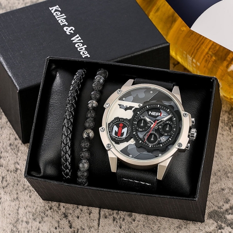Trendy Creatieve Horloge Armband Set Cadeau Box Voor Mannen Modieuze Luxe Sport Horloge Inclusief Zwarte Armband Met Zichtbare Datum In Scherm Leren Zwarte Band