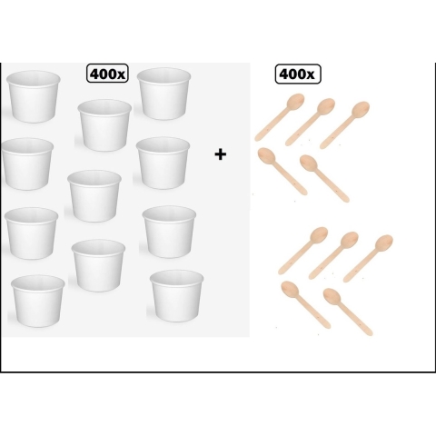 400x Soepbeker wit karton 250ml + houten lepels - Soep salade beker festival warme dranken maaltijd carnaval