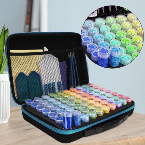Diamond Painting accessoires dozen, diamond painting koffer met 70 vakken, organizer en accessoires voor diamantschilderij, opbergdoos voor diamantschilderij, blauw