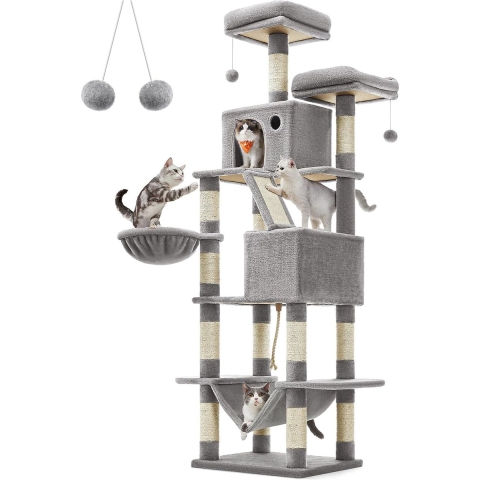 Feandrea PCT190W01 Krabpaal groot, 206 cm hoog, XXL kattenboom, met 13 krabzuilen, 2 platforms, 2 holtes, mand, hangmat, pluche ballen, meerlaagse kattenkrabpaal, lichtgrijs