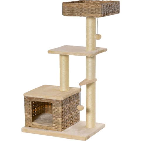 PawHut Kattenboom multifunctionele krabpaal kattengrot speelbal bruin + beige D30-376