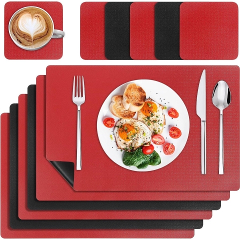 Wasbare placemats, afwasbaar, set van 6 stuks, leer met onderzetters, dubbelzijdige antislip, hittebestendig, tafeldecoratie, plaatmatten voor keuken, eettafel, zwart