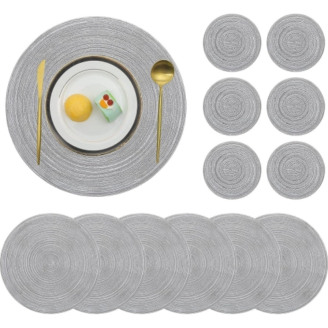Ronde Placemats en Onderzetters Set van 6, Grijze Antislip Washbale Tafelmatten en Onderzetters Sets Hittebestendige Decor Tafel Plaatsmatten