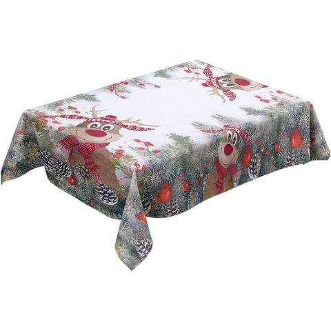 Kerst Tafelkleed, Rood Groen Kerst Tafelkleed, 80 x 120 cm, Gemaakt van Linnen Materiaal, Wasbaar, Vervaagt Niet, Rendier (Rudolph met Rode Neus) Kerst Decoratie Tafelkleed