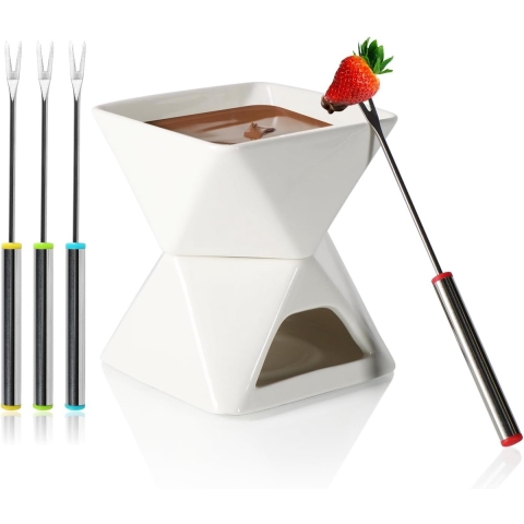 Chocoladefondueset - smeltpan optimaal voor chocolade-, kaas- en vleesfondue - keramische schaal met theelichthouder en vier vorken - smeltpot (wit - vierkant)