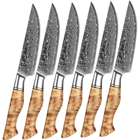 Steakmessen Damascus staal - Set van 6 stuks | Handvaten van Plataanhout met Klinknagel Mozaïek | HEZHEN B30 Series