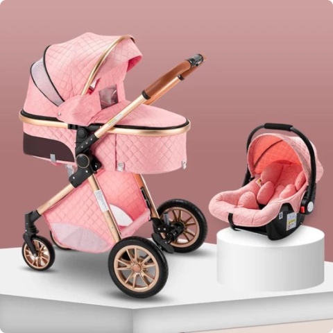 Luxe Multifunctionele 3-in-1 Combi Kinderwagen - Kwalitatieve Buggy - Buggy's - Opklapbare Wandelwagen - Maxi cosi - Incl. Autostoel - Pink - Roze