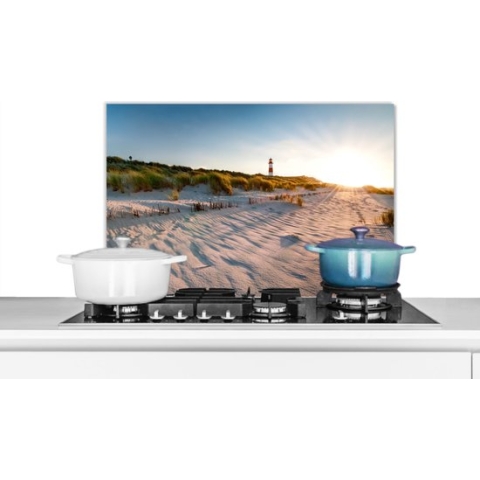 Spatscherm Keuken - Kookplaat Achterwand - Spatwand Fornuis - 60x40 cm - Strand - Vuurtoren - Zonsondergang - Aluminium - Wanddecoratie - Muurbeschermer - Hittebestendig