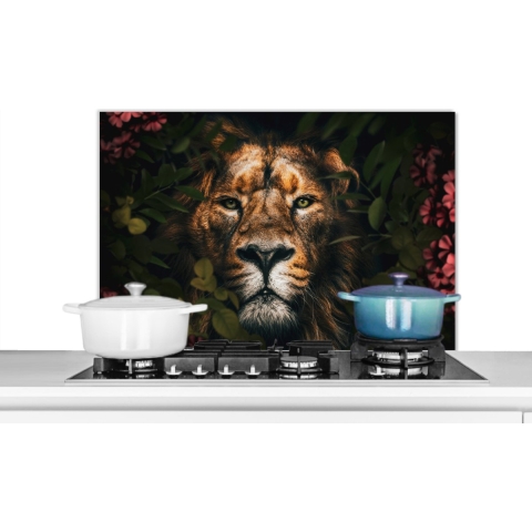 Spatscherm Keuken - Kookplaat Achterwand - Spatwand Fornuis - 90x60 cm - Jungle - Leeuw - Bloemen - Planten - Aluminium - Wanddecoratie - Muurbeschermer - Hittebestendig