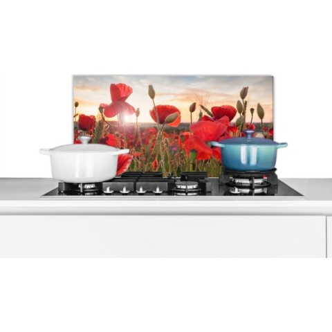 Spatscherm Keuken - Kookplaat Achterwand - Spatwand Fornuis - 70x30 cm - Zonsondergang achter de mooie Klaprozen - Aluminium - Wanddecoratie - Muurbeschermer - Hittebestendig