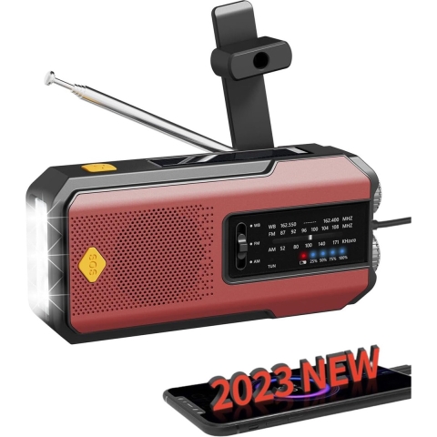 2023 design - Noodradio met Oplaadbare 2000 mAh Batterij, AM/FM-Radio, Zwengel, Draagbaar, LED Zaklamp - Ideaal voor Wandelen en Kamperen - Noodradio voor noodsituatie - Noodpakket tijdens oorlog (Rood)