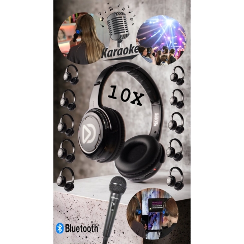 Karaoke Silent Disco set | 10 koptelefoons | Microfoon | Bluetooth zender | Dolly Digital©