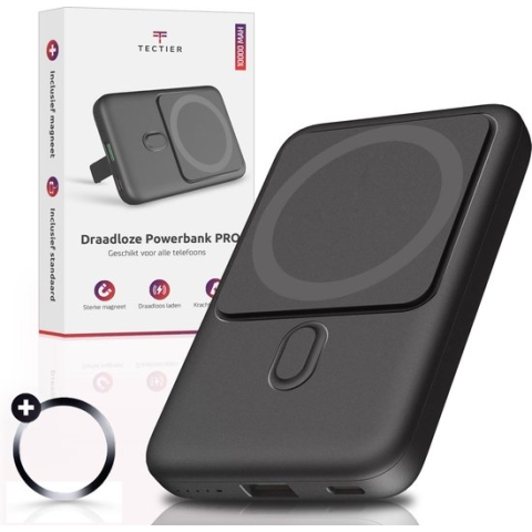 Tectier Powerbank PRO 10000 mAh – Magsafe 15W Snellader – Langere Levensduur – Geschikt voor Iphone & Android – Draadloze Oplader Batterij