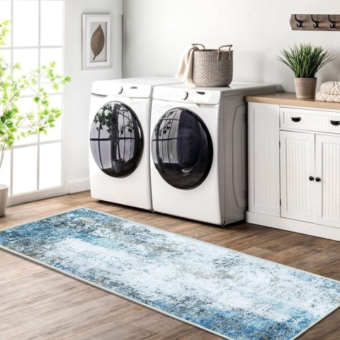 gangloper, antislip, voor gang, keuken en woonkamer, wasbaar, licht, lange loper (crème/blauw, 60 x 300 cm)