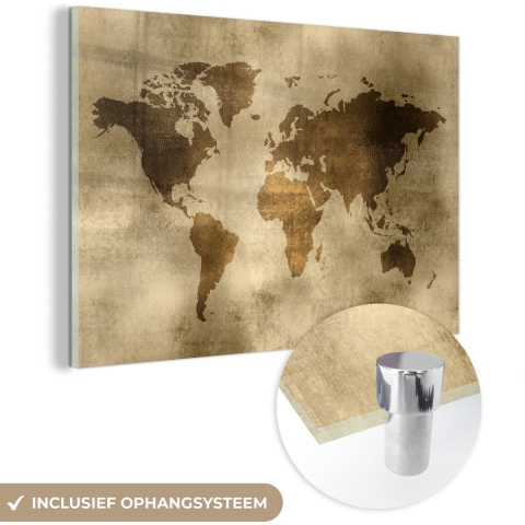 MuchoWow® Glasschilderij - Wereldkaart - Waterverf - Patronen - 120x80 cm - Acrylglas Schilderijen - Foto op Glas