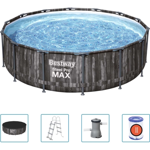 Bestway - Steel Pro MAX - Opzetzwembad inclusief filterpomp en accessoires- 427x107 cm - Houtprint - Rond