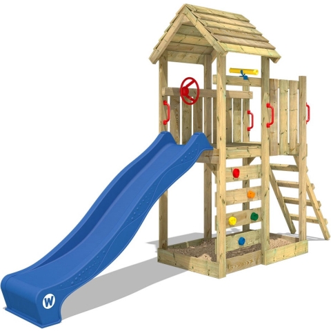WICKEY speeltoestel klimtoestel JoyFlyer met houten dak & blauwe glijbaan, outdoor kinderspeeltoestel met zandbak, ladder & speelaccessoires voor de tuin